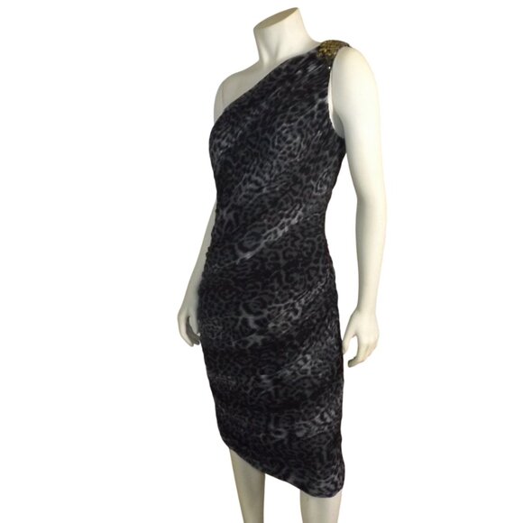 TADASHI SHOJI Evening Dress, XL, Grey Animal Print, Jeweled One Shoulder, Ruched - Picture 6 of 15